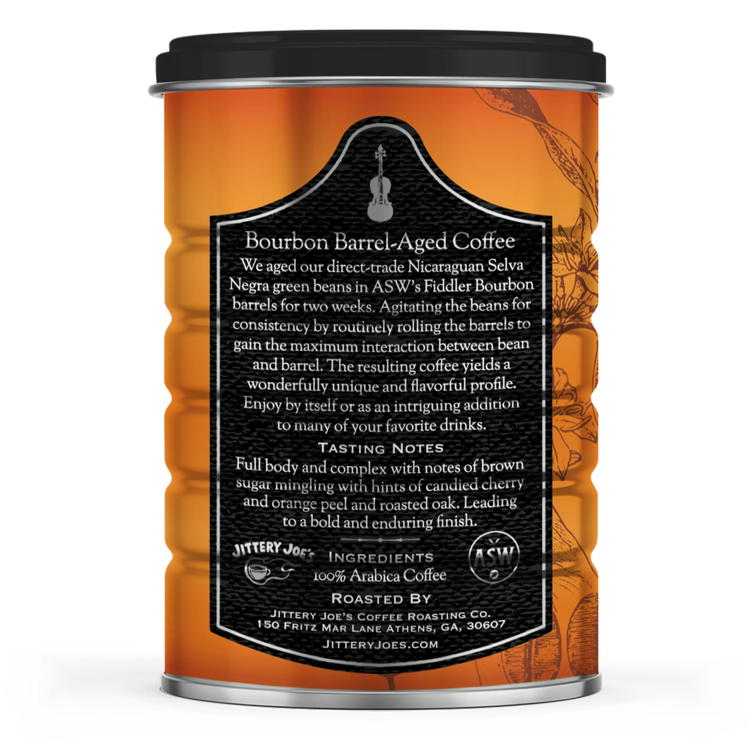 ASW Distillery Fiddler Bourbon Barrel-Aged Coffee – Jittery Joe's ASW Distillery Fiddler Bourbon Barrel-Aged Coffee – Jittery Joe's